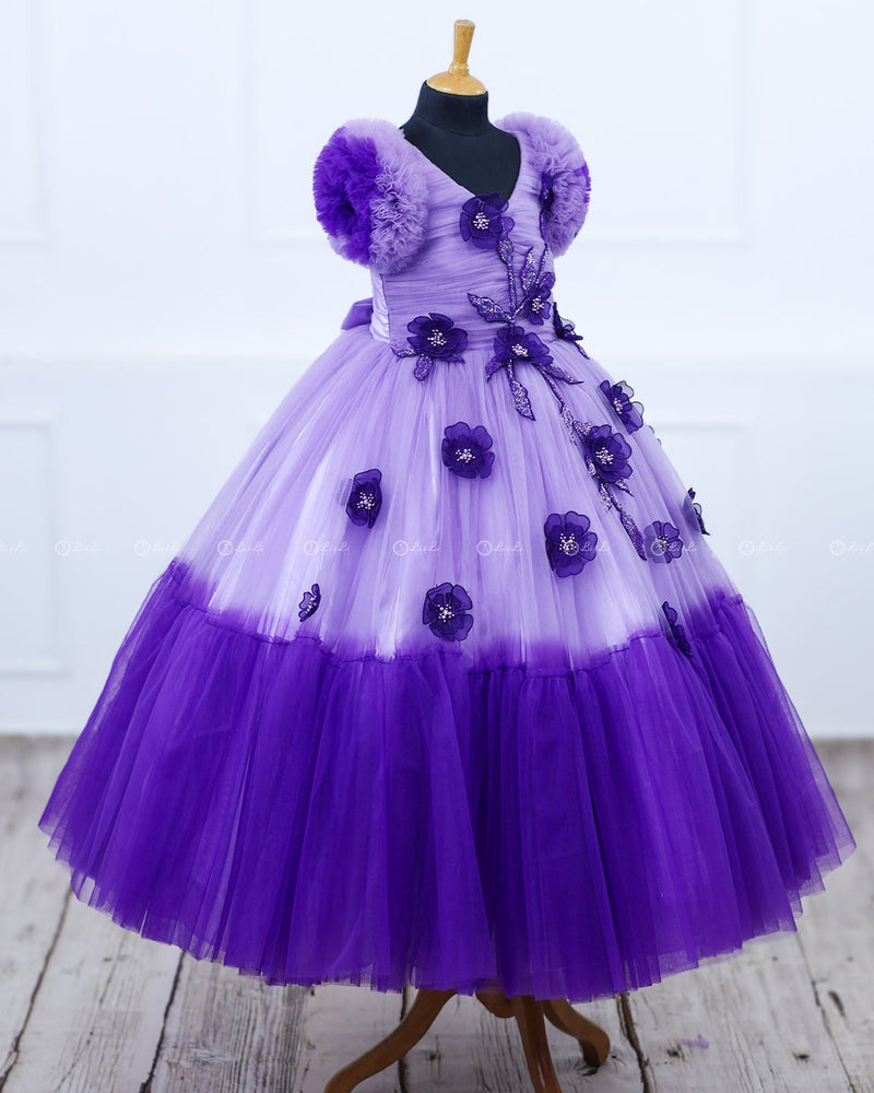 Lavender and Purple Double Shaded Gown with Handcrafted Flowers and Leaves.