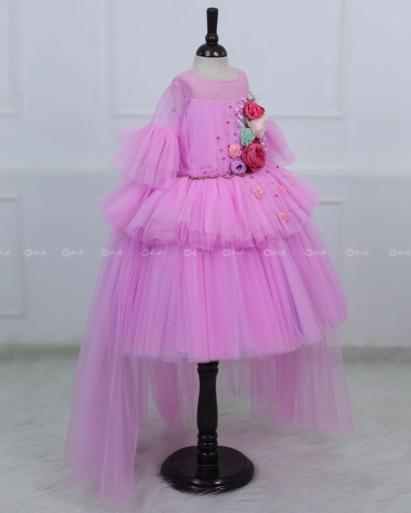 Pink Lavender High Low Layered Gown with Pastel Pink, Pastel Lavender And Mint Green Flowers