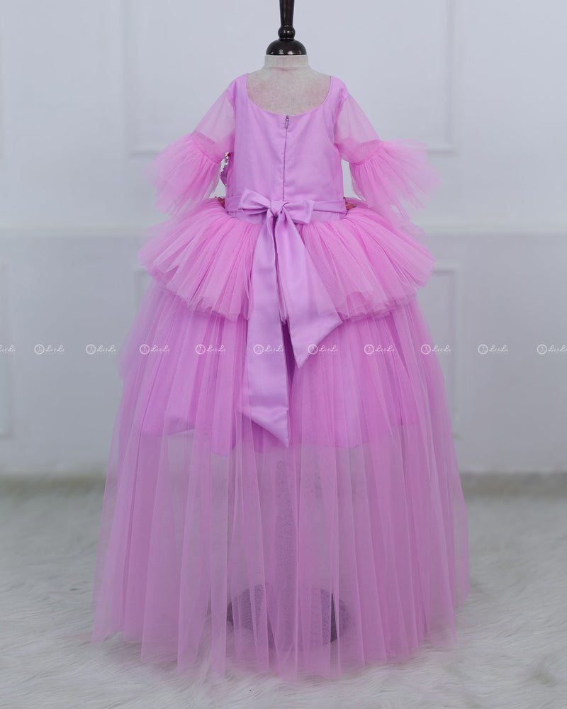 Pink Lavender High Low Layered Gown with Pastel Pink, Pastel Lavender And Mint Green Flowers