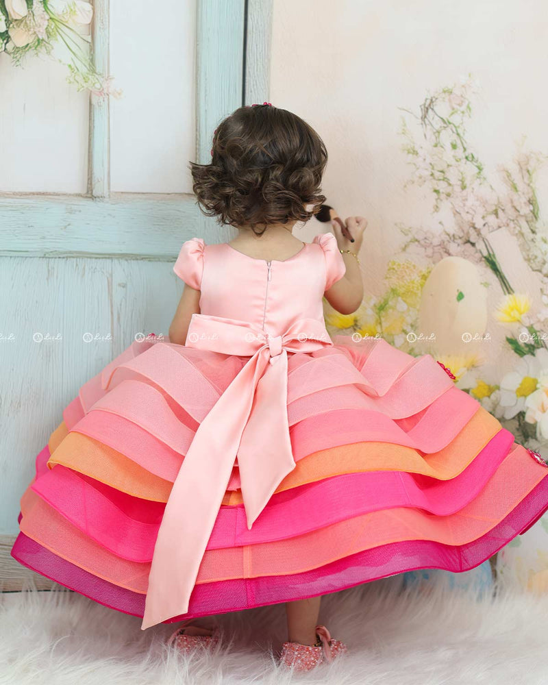 Pink-Orange Layered Frock With Floral Yoke And 3D Flower Detailing.