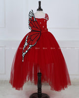 Monarch Butterfly Theme Gown in Rubine Red Color with Red Color Detachable Wings and Belt