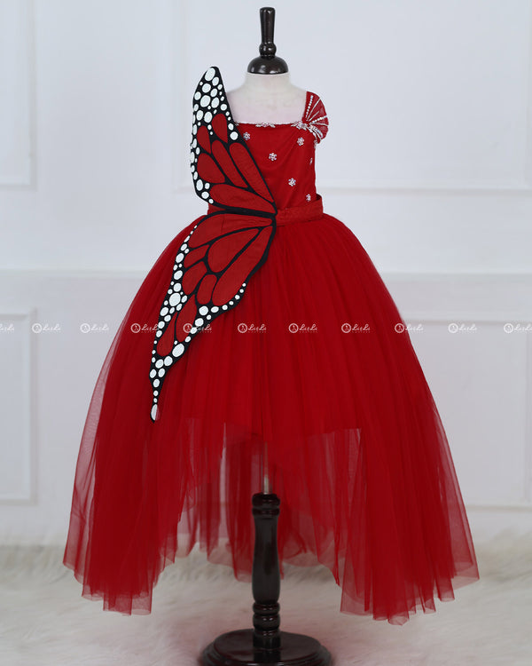 Monarch Butterfly Theme Gown in Rubine Red Color with Red Color Detachable Wings and Belt