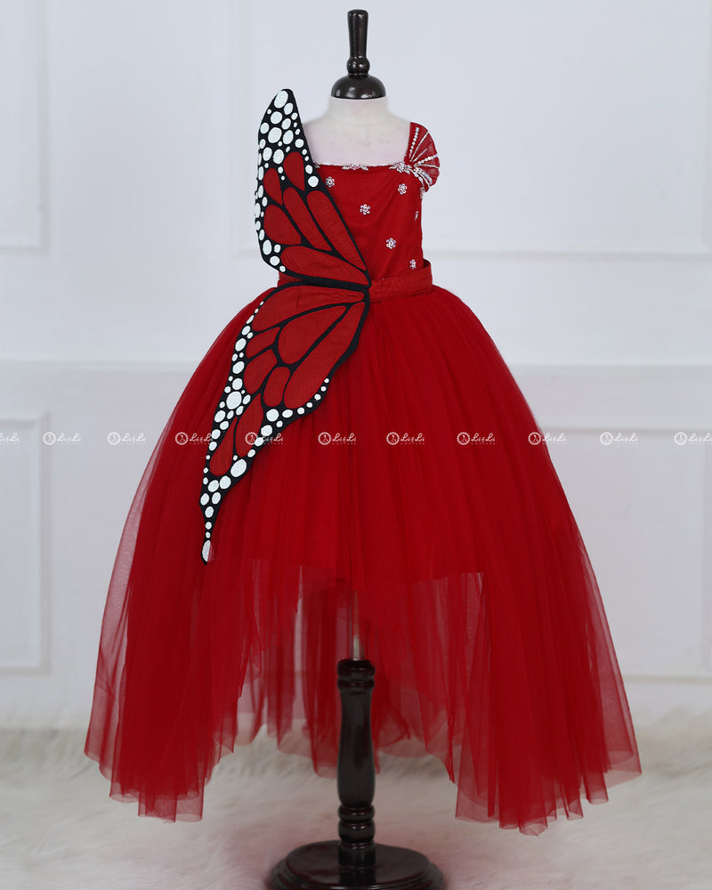 Monarch Butterfly Theme Gown in Rubine Red Color with Red Color Detachable Wings and Belt