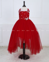 Monarch Butterfly Theme Gown in Rubine Red Color with Red Color Detachable Wings and Belt