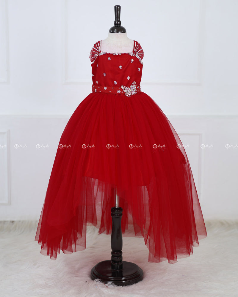 Monarch Butterfly Theme Gown in Rubine Red Color with Red Color Detachable Wings and Belt