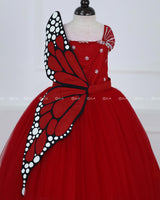 Monarch Butterfly Theme Gown in Rubine Red Color with Red Color Detachable Wings and Belt