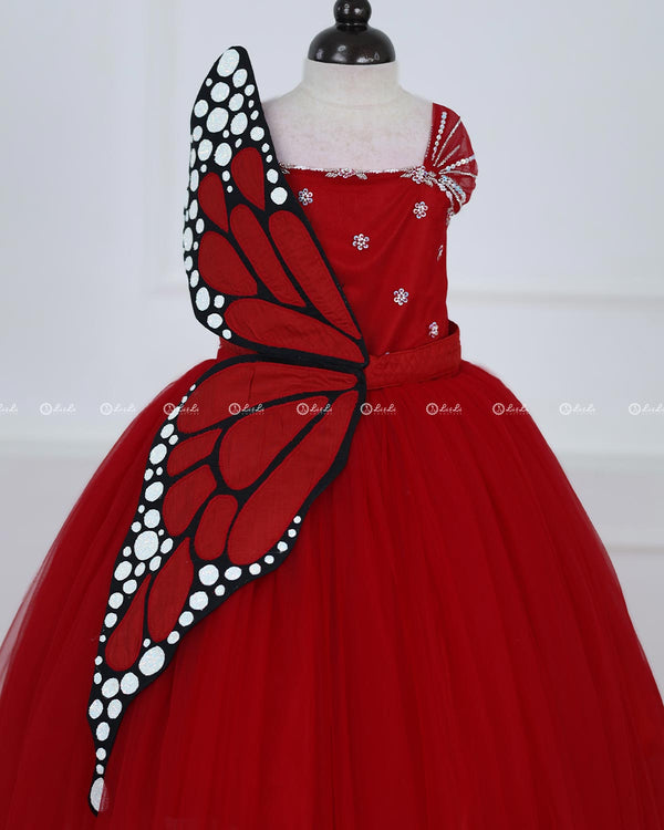 Monarch Butterfly Theme Gown in Rubine Red Color with Red Color Detachable Wings and Belt