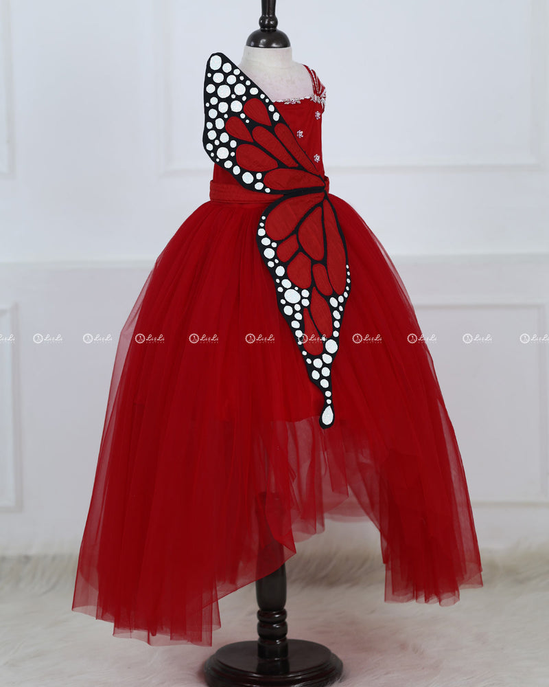 Monarch Butterfly Theme Gown in Rubine Red Color with Red Color Detachable Wings and Belt