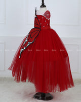 Monarch Butterfly Theme Gown in Rubine Red Color with Red Color Detachable Wings and Belt