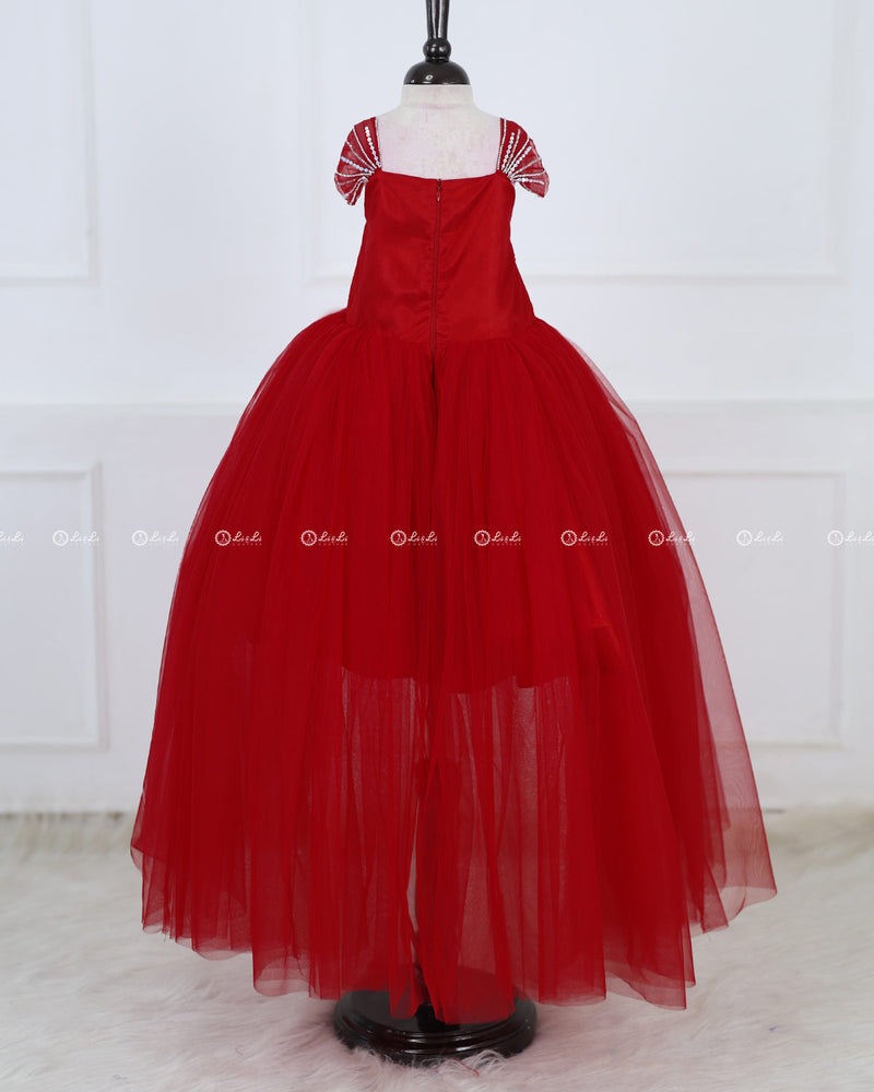 Monarch Butterfly Theme Gown in Rubine Red Color with Red Color Detachable Wings and Belt