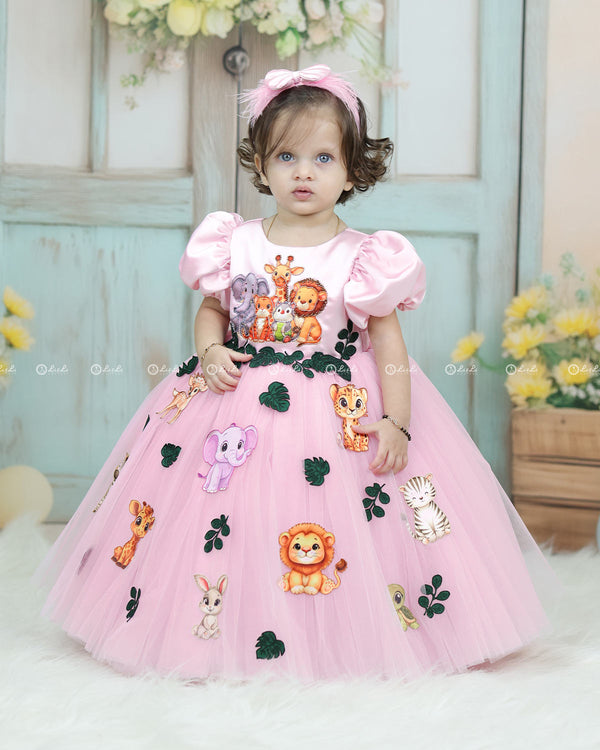 Pink Puff Sleeve Gown With Jungle Animal Prints And Leafy Tulle Skirt