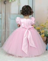 Pink Puff Sleeve Gown With Jungle Animal Prints And Leafy Tulle Skirt