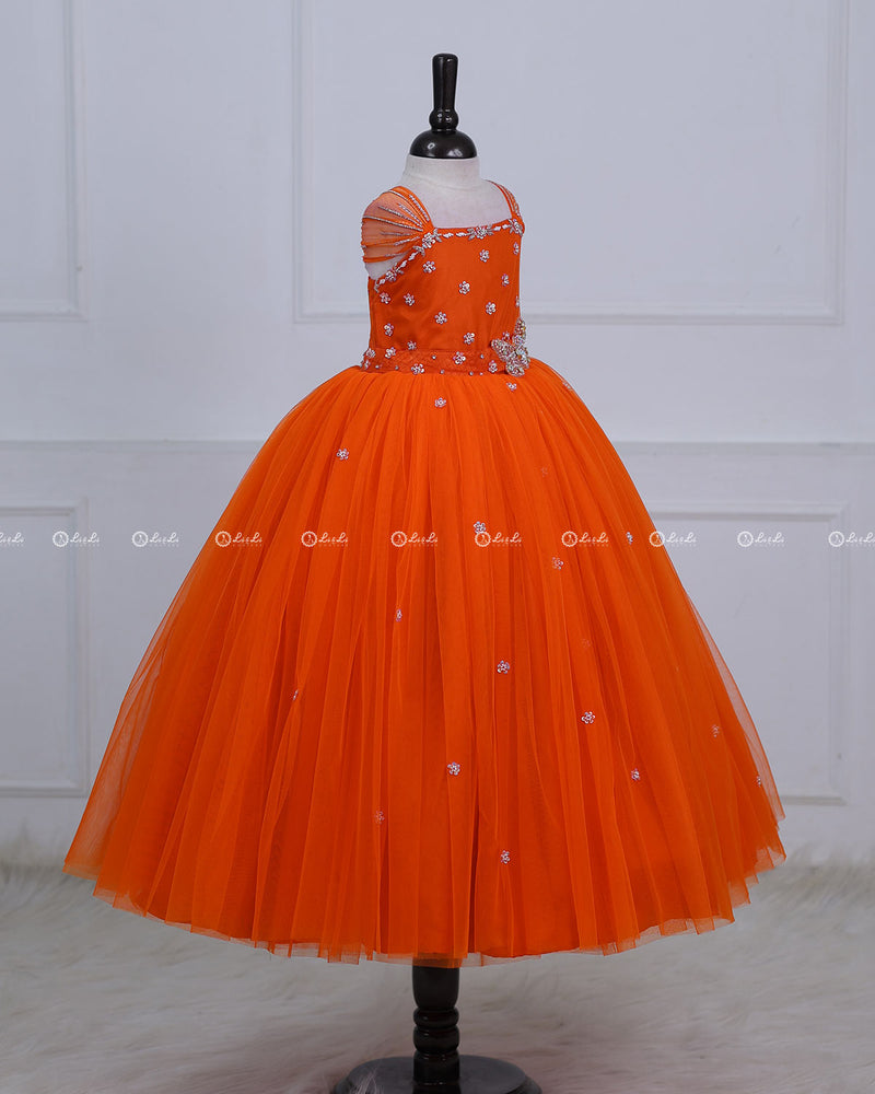 Butterfly Theme Gown in Deep Orange Color