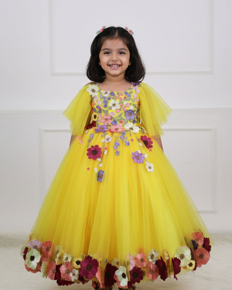 Flair Sleeve Embroidery  Gown with Weaving Yoke Pattern and Highlighted Handwork.