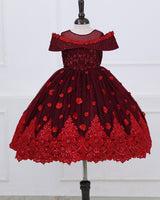 Dark Burgundy embroidered lace detailing gown with hand crafted cold shoulder yoke.