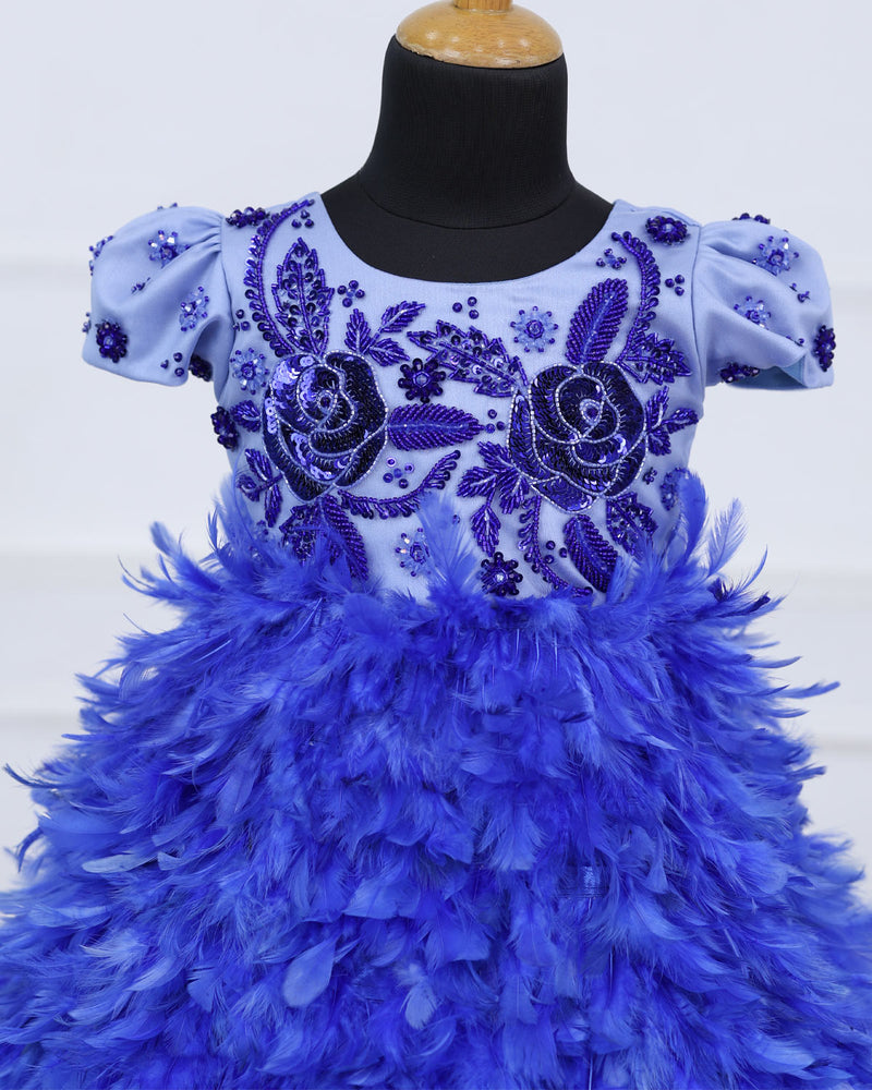 Royal blue feather frock with a beautifully hand-embellished yoke