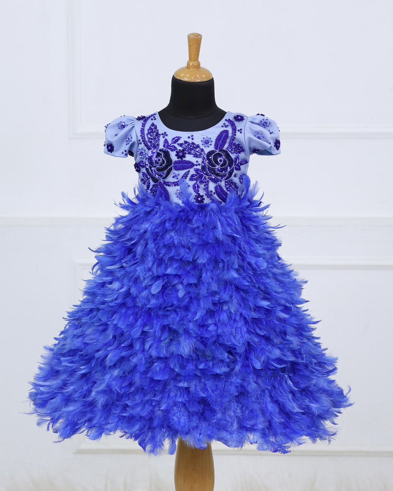 Royal blue feather frock with a beautifully hand-embellished yoke