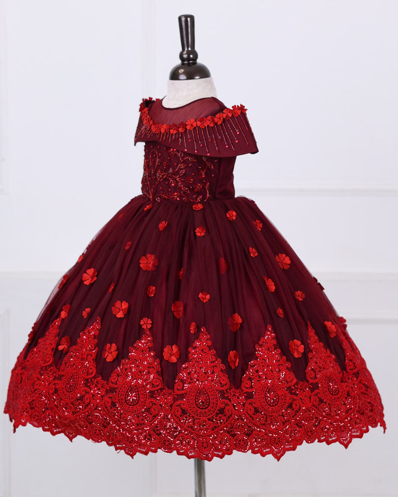 Dark Burgundy embroidered lace detailing gown with hand crafted cold shoulder yoke.