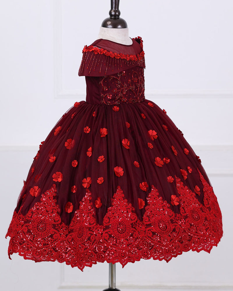 Dark Burgundy embroidered lace detailing gown with hand crafted cold shoulder yoke.