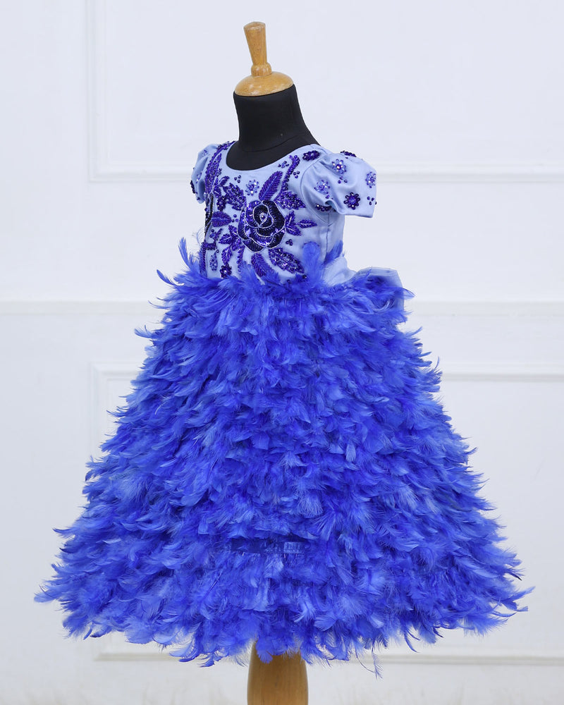 Royal blue feather frock with a beautifully hand-embellished yoke