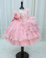 Cotton Candy Frill Sleeve Gown with Fabric Manipulation and Rainbow Unicorn Patches