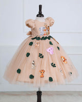 Jungle Animal Prints And Leafy Tulle With Puff Sleeve Gown