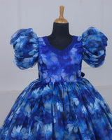 Navy Blue & Sky Blue Floral Printed Organza Gown