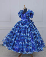 Navy Blue & Sky Blue Floral Printed Organza Gown