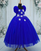Net Frill-Sleeve Fit & Flare Snow Full-Length Gown with Detachable Bow - Royal Blue (New)