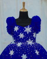Net Frill-Sleeve Fit & Flare Snow Full-Length Gown with Detachable Bow - Royal Blue (New)