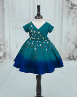 Satin Short-Sleeve Ombre Leaf & Flower Embroidered Full-Length Gown - Emerald Green & Royal Blue(New)