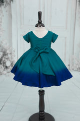 Satin Short-Sleeve Ombre Leaf & Flower Embroidered Full-Length Gown - Emerald Green & Royal Blue(New)