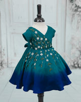 Satin Short-Sleeve Ombre Leaf & Flower Embroidered Full-Length Gown - Emerald Green & Royal Blue(New)