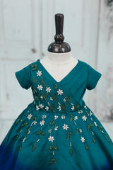 Satin Short-Sleeve Ombre Leaf & Flower Embroidered Full-Length Gown - Emerald Green & Royal Blue(New)