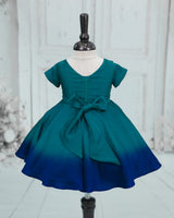 Satin Short-Sleeve Ombre Leaf & Flower Embroidered Full-Length Gown - Emerald Green & Royal Blue(New)