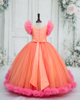 Net Frill Sleeve 3D Hand Crafted Flower Appliques Floral Full Gown - Peach Bud (New)