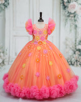 Net Frill Sleeve 3D Hand Crafted Flower Appliques Floral Full Gown - Peach Bud (New)