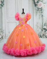 Net Frill Sleeve 3D Hand Crafted Flower Appliques Floral Full Gown - Peach Bud (New)
