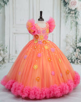 Net Frill Sleeve 3D Hand Crafted Flower Appliques Floral Full Gown - Peach Bud (New)