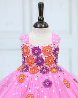 Net Cap Sleeve 3D Hand Crafted Flower Appliques Floral Full Gown - Pink Lavender (New)