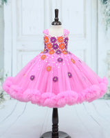 Net Cap Sleeve 3D Hand Crafted Flower Appliques Floral Full Gown - Pink Lavender (New)
