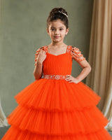 Net Sleeveless Beaded-Shoulder Layered Princess Full-Length Gown - Deep Orange (New)