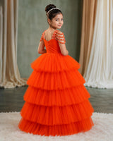 Net Sleeveless Beaded-Shoulder Layered Princess Full-Length Gown - Deep Orange (New)