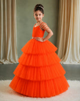 Net Sleeveless Beaded-Shoulder Layered Princess Full-Length Gown - Deep Orange (New)