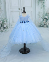 Organza Cap Sleeve Detachable Back Trail Snow Theme Full Length Gown -Sky Blue(New)
