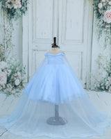 Organza Cap Sleeve Detachable Back Trail Snow Theme Full Length Gown -Sky Blue(New)