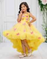 Net Sleeveless 3D Hand Crafted Butterfly Appliques Full Gown - Yellow(New)(Bestseller)