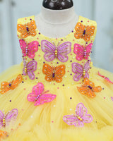 Net Sleeveless 3D Hand Crafted Butterfly Appliques Full Gown - Yellow(New)(Bestseller)