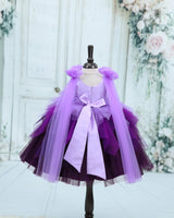 Lavender with purple color gradient asymmetrical layered gown with Sleeve Trails And Castle Print Yoke (New)
