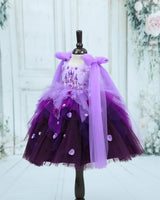 Lavender with purple color gradient asymmetrical layered gown with Sleeve Trails And Castle Print Yoke (New)